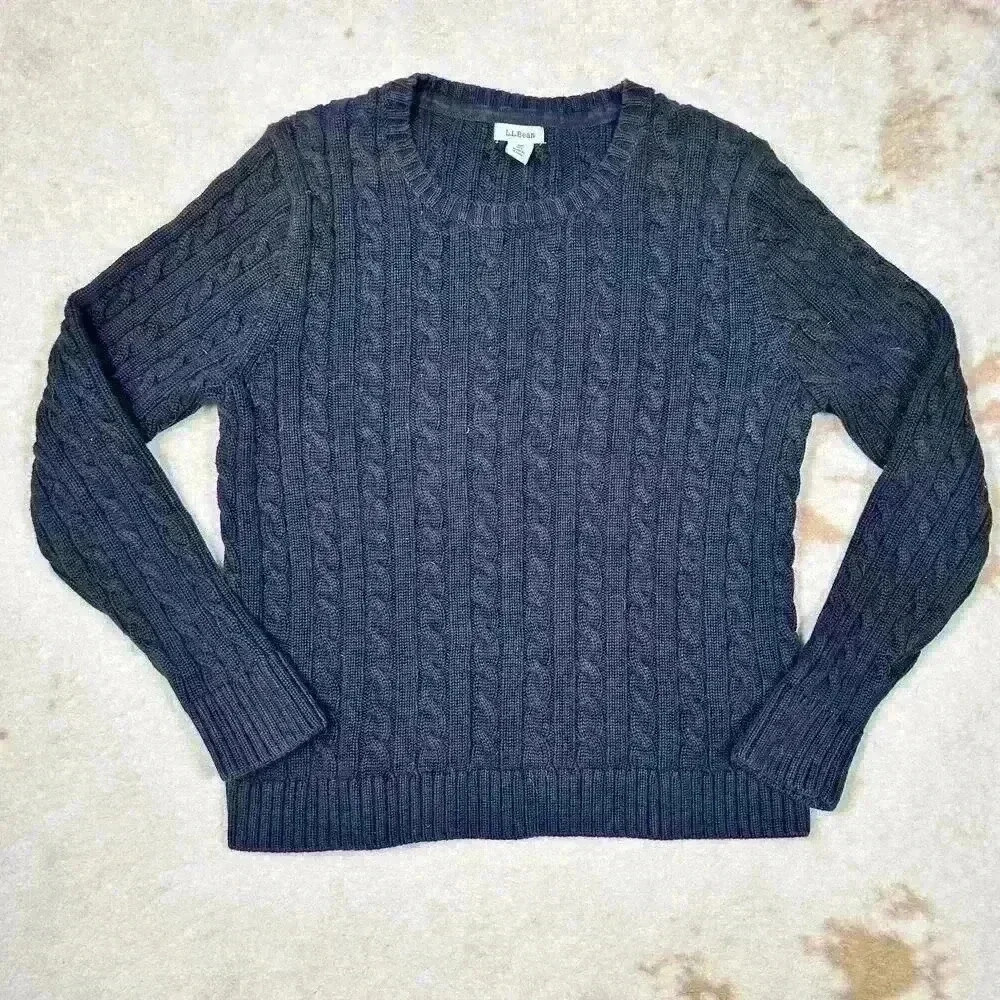 L.L. Bean Black Cozy Classic Cotton Cable Knit Sweater Women Med Petite Prepcore